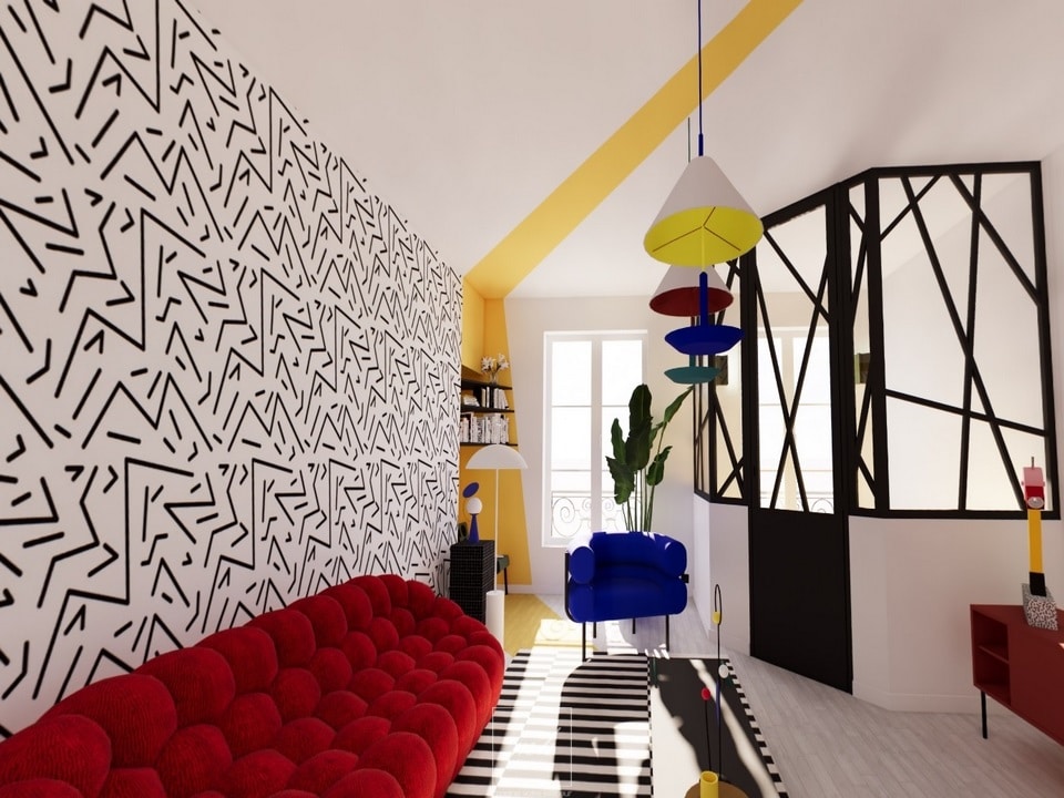 Aménagement intérieur d'un appartement dans un style Memphis par MH DECO à Reims